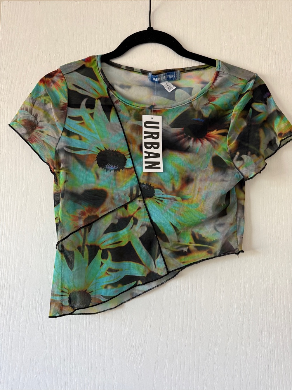 NWT Urban Outfitters green and blue floral print sheer mesh crop top